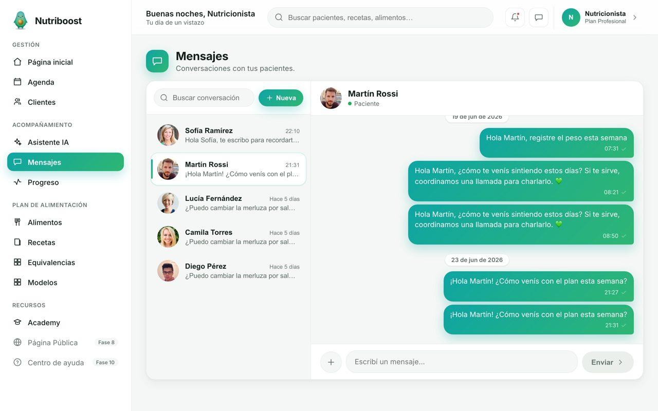 Mensajería con pacientes en Nutriboost