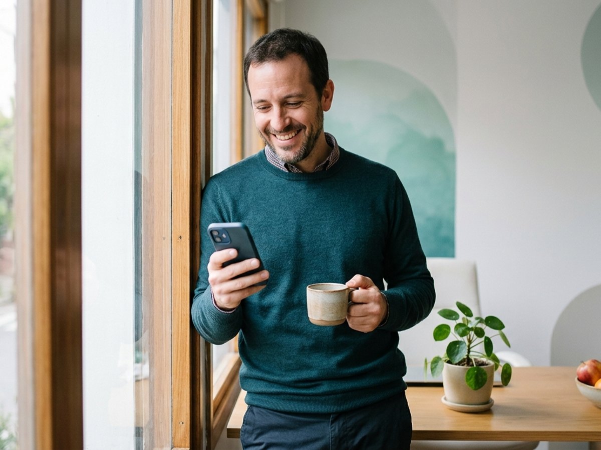 Nutricionista sonriendo al ver en su celular que entró un turno pago